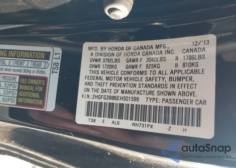 2014 Honda Civic Ex from USA, damaged, VIN 2HGFG3B86EH501599